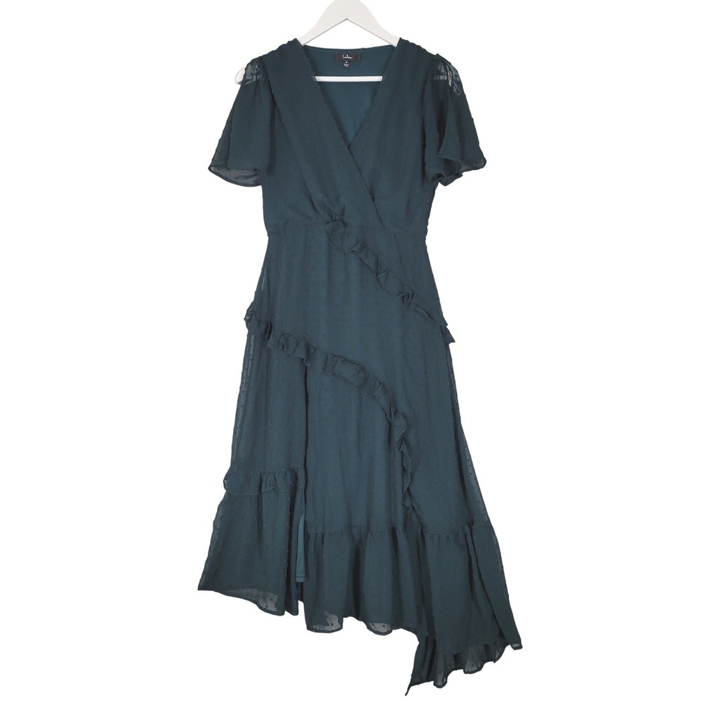 Lulus Midi Dress Sz Medium Green Swiss Dot Ruffle Asymmetric Hem Flutter Sleeve